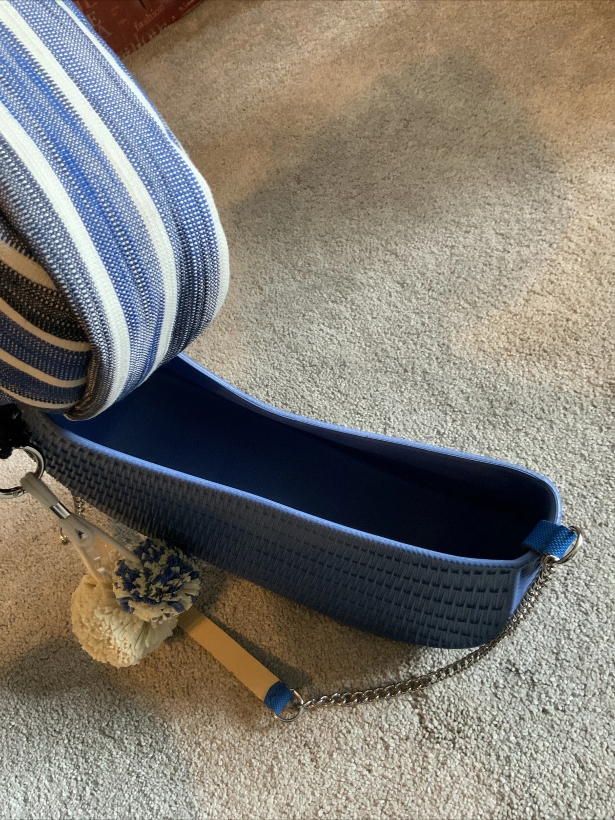 O Bag Made In Italy Rubber Shoulder Fabric Insert Chain Handle Blue Striped Flaw - O Bag