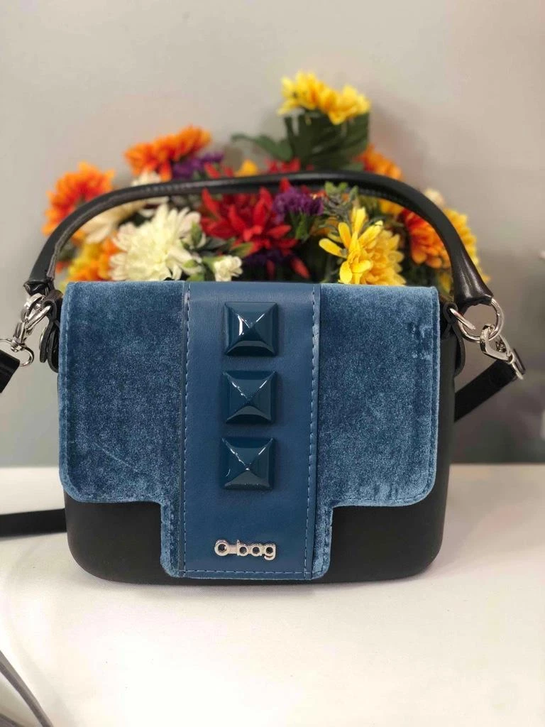 O BAG Italy Studs Blue Velvet with Rubber Body Satchel Flap Crossbody Bag - O Bag