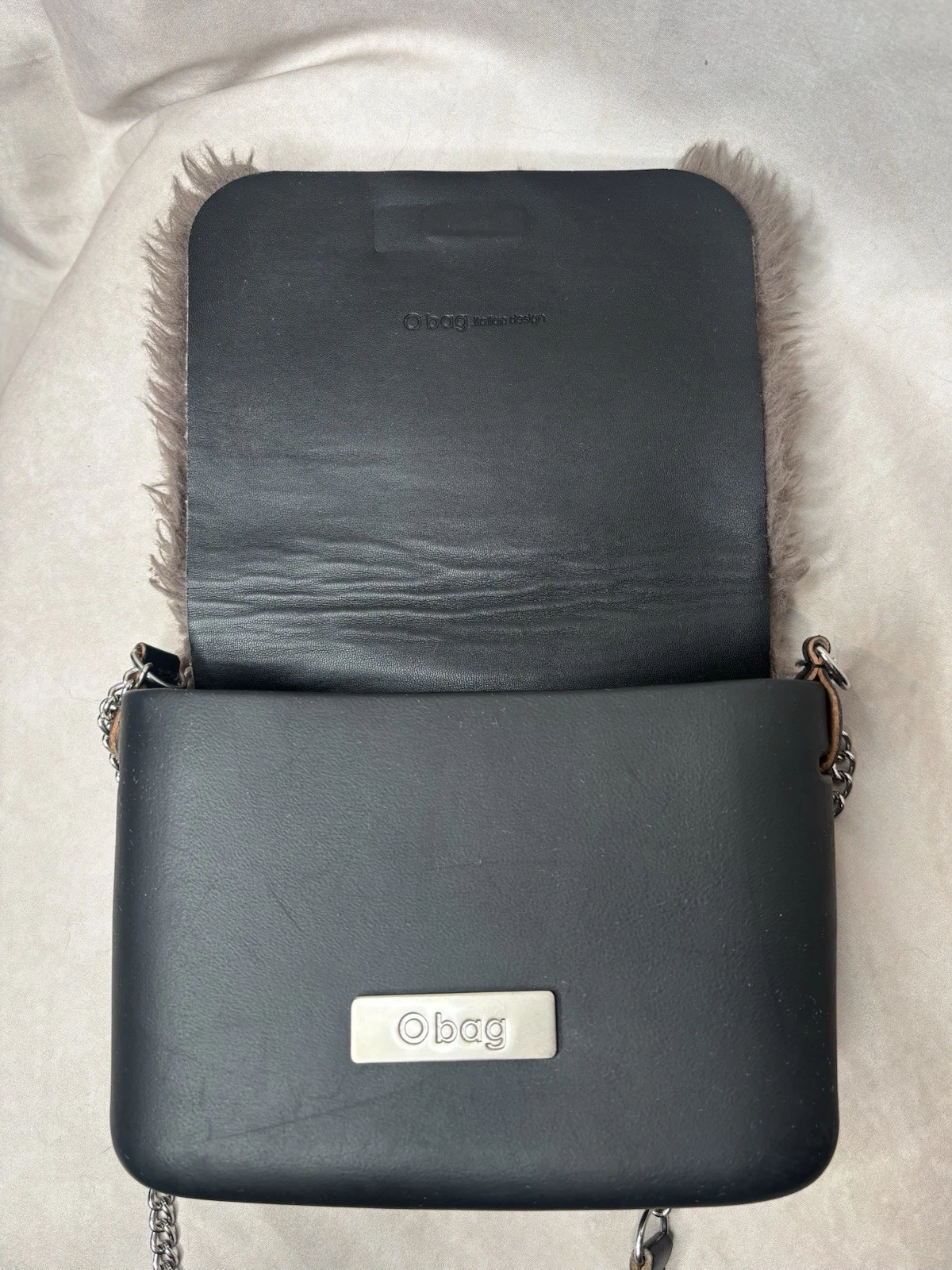 OBag Italy Faux Fur Mini Handbag Taupe Gray Blk Modular EVA Shell Chain Crossbod - O Bag