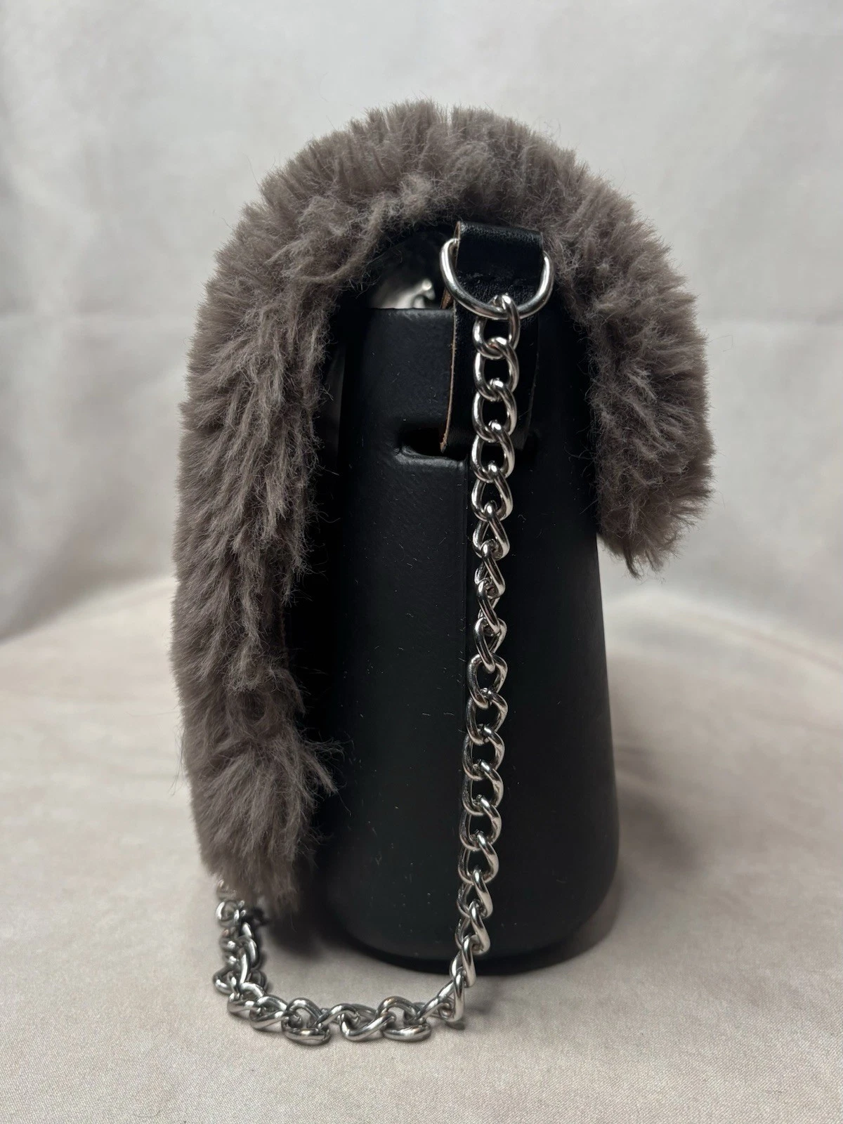 OBag Italy Faux Fur Mini Handbag Taupe Gray Blk Modular EVA Shell Chain Crossbod - O Bag