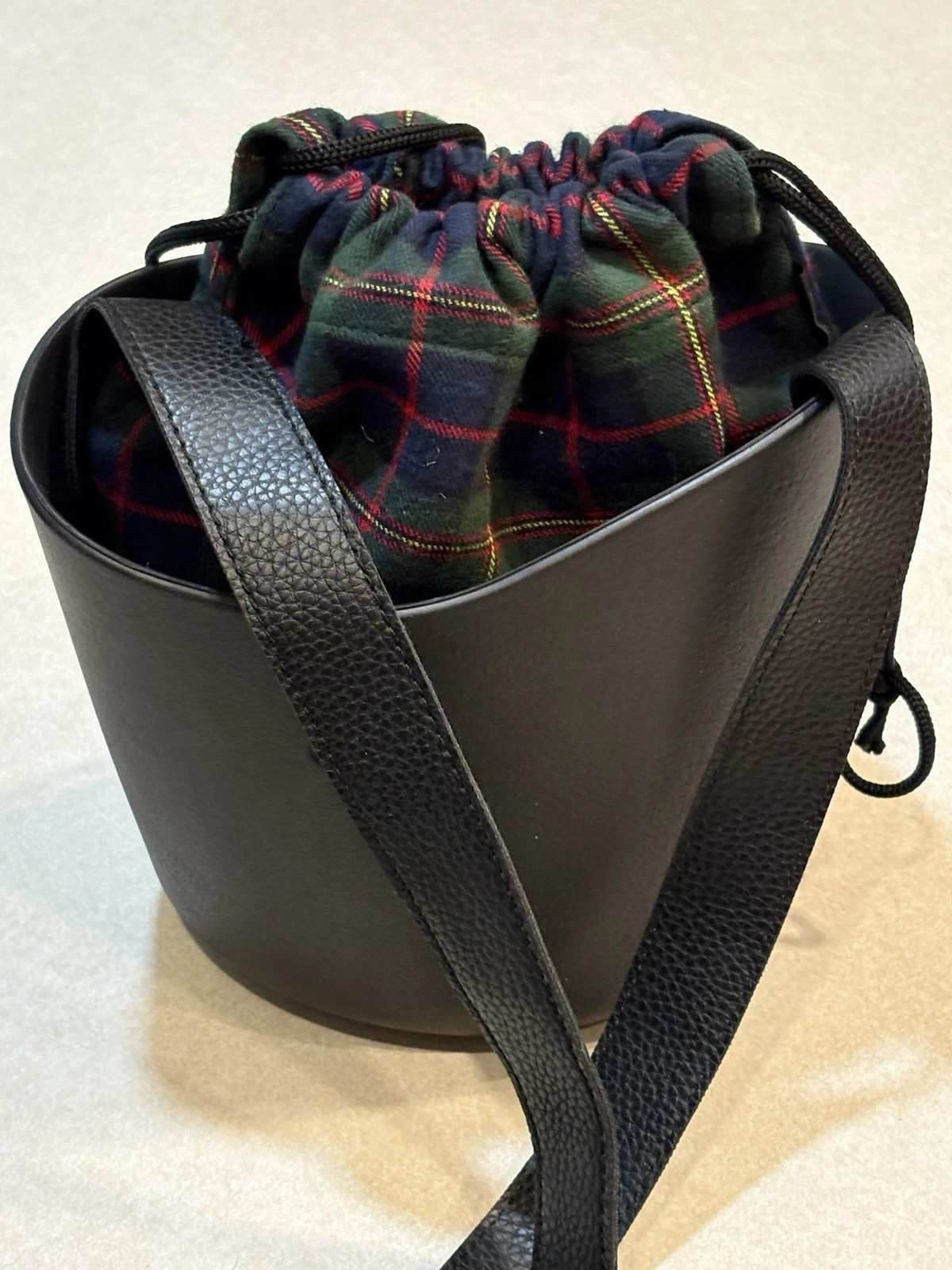 O Bag Italy Basket Tote Crossbody Purse Black Plaid Liner Drawstring New - O Bag
