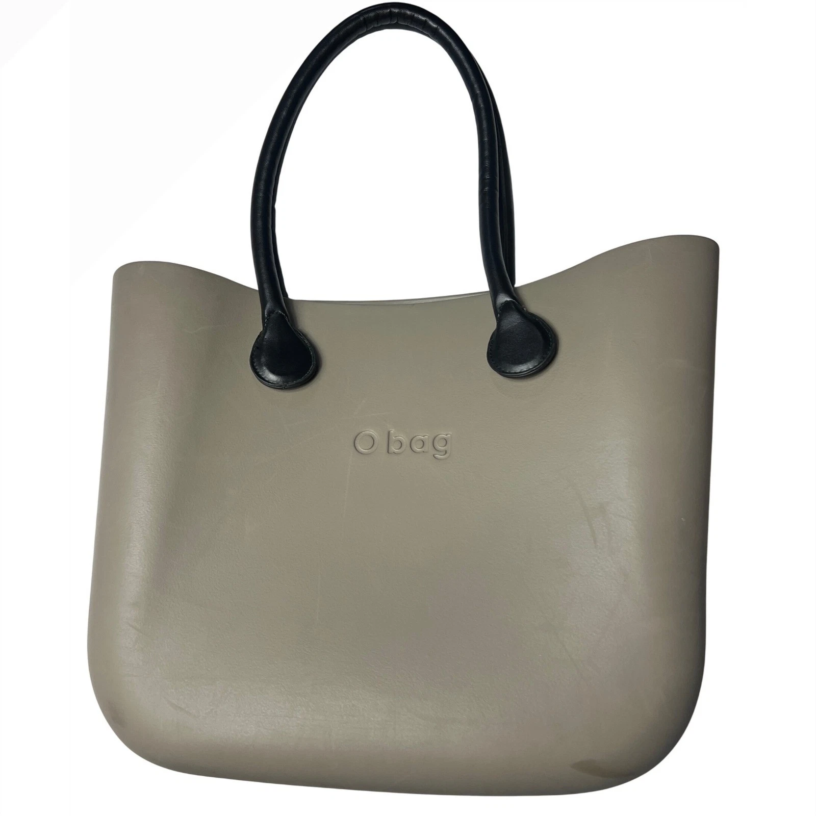 O bag Taupe Rubber Tote Bag with Black Faux Leather Handles - O Bag