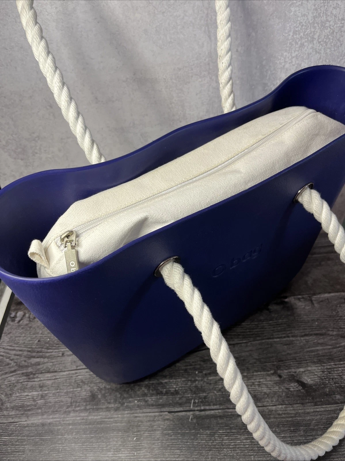 O -Bag Tote with insert, Made in Italy Blue With White Rope Handles - O Bag
