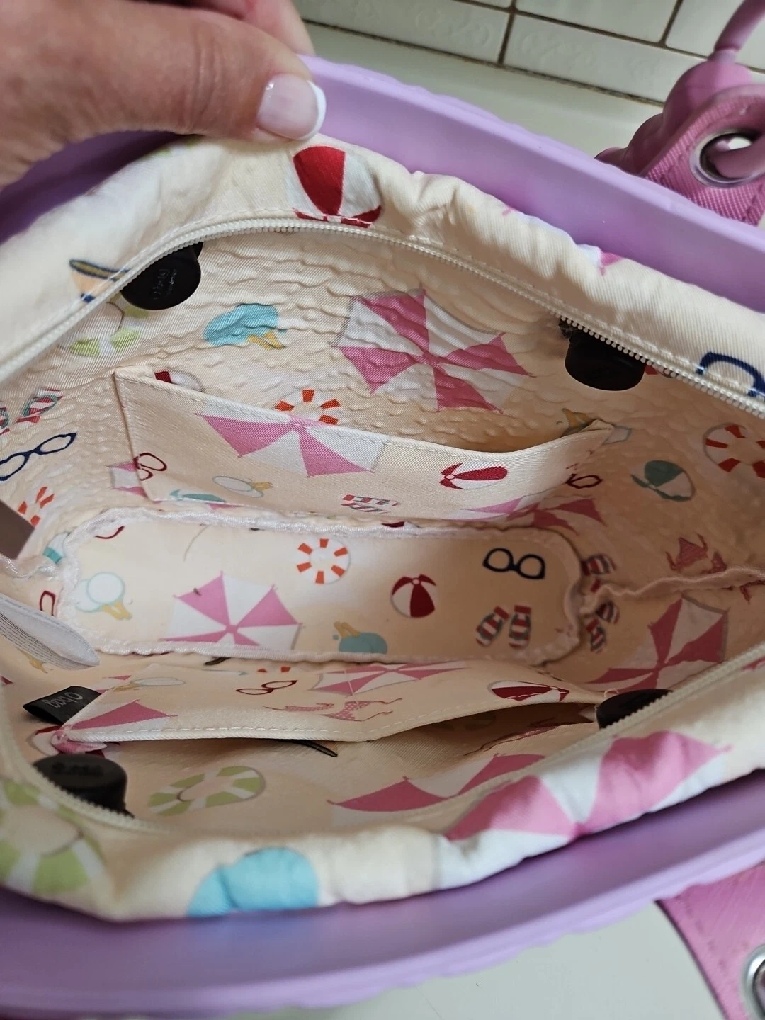 O Bag Tote Lilac Purple Washable Double Shoulder Handbag Lined Beach Scene Tote - O Bag