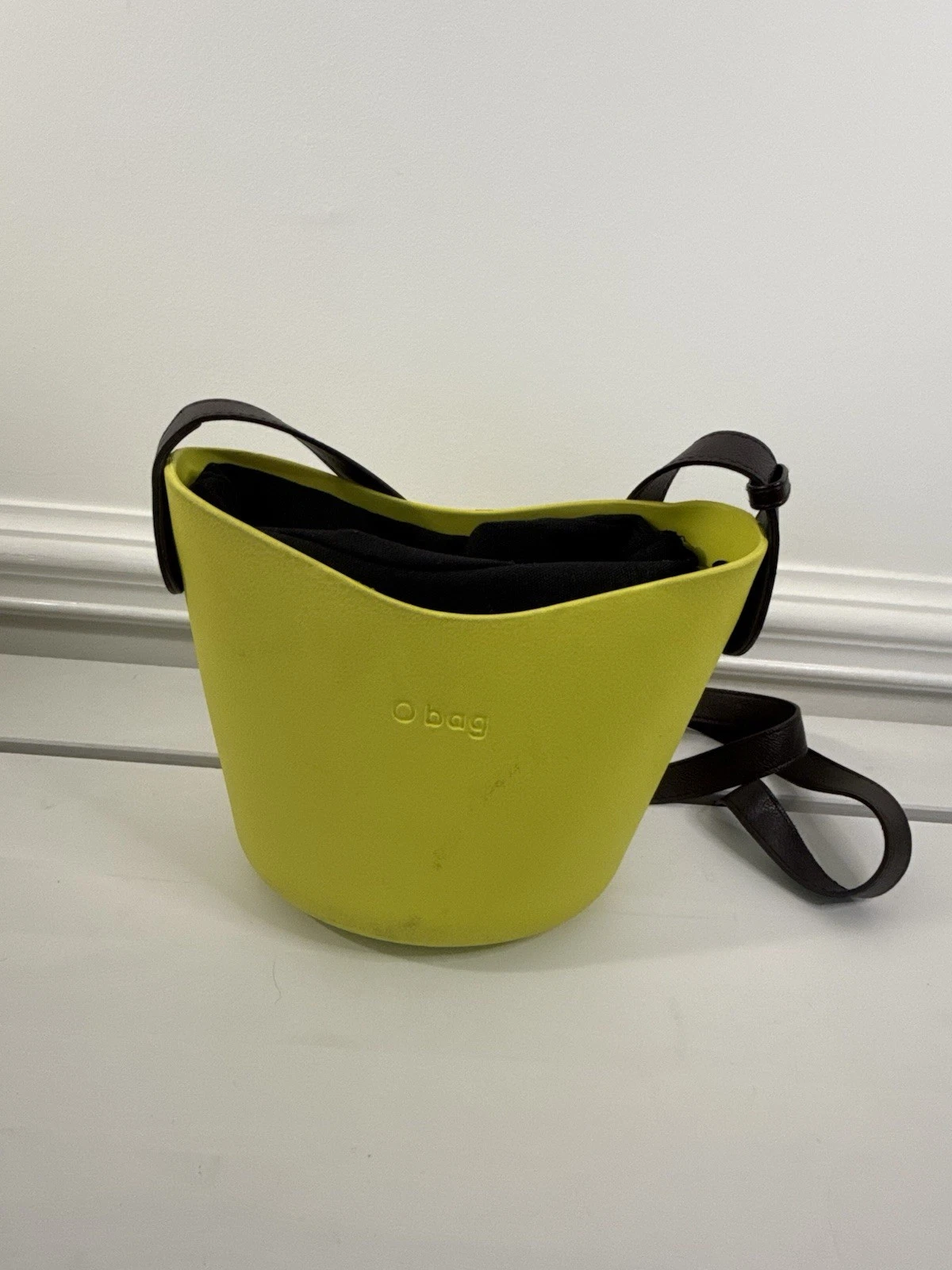 ✿ O bag Mini Bucket Bag Yellow Rubber Body Brown Leather Strap Crossbody Italy - O Bag