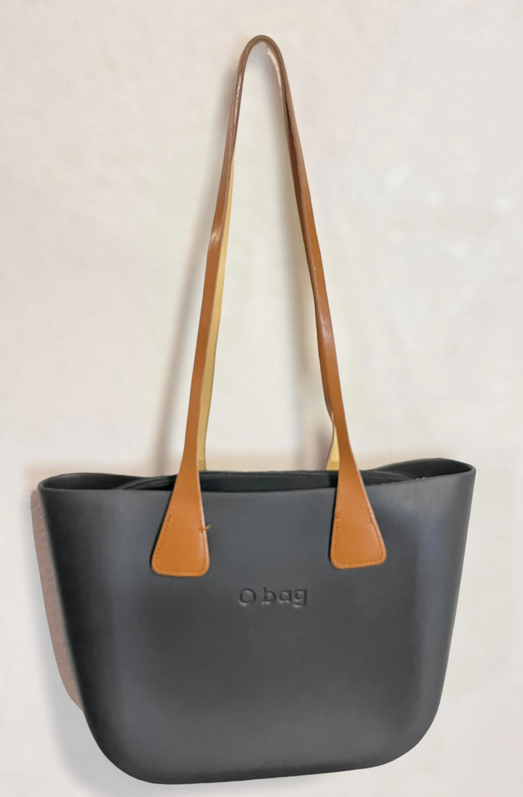 O Bag Italy Black Tote Rubber Canvas Insert Brown Faux Leather Handles - O Bag